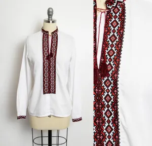 1970s Blouse Embroidered Ivory Boho Top 70s Small