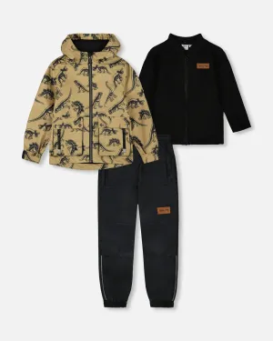 3-In-1 Mid-Season Outerwear Set Black Dinosaur On Beige Background
