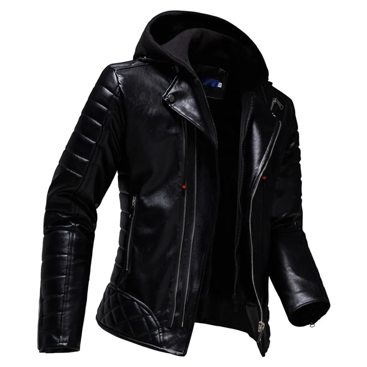 Black Biker Genuine Sheepskin Lapel Collar Hooded Motorcycle Rider Crossover Retro Quilted Asymmetric Leather Jacket