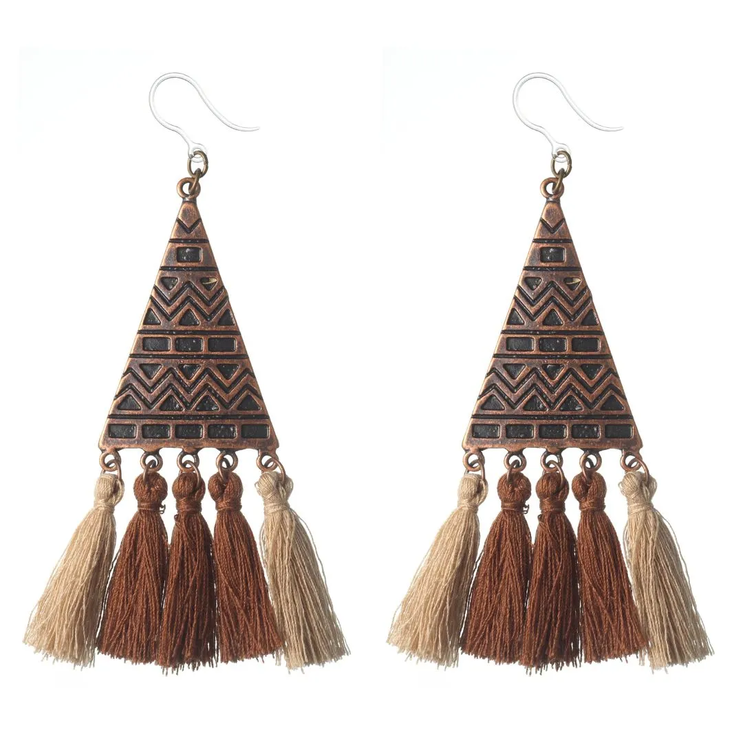 Bohemian Geometric Triangle Tassel Dangles Hypoallergenic Earrings for Sensitive Ears Made with Plastic Posts