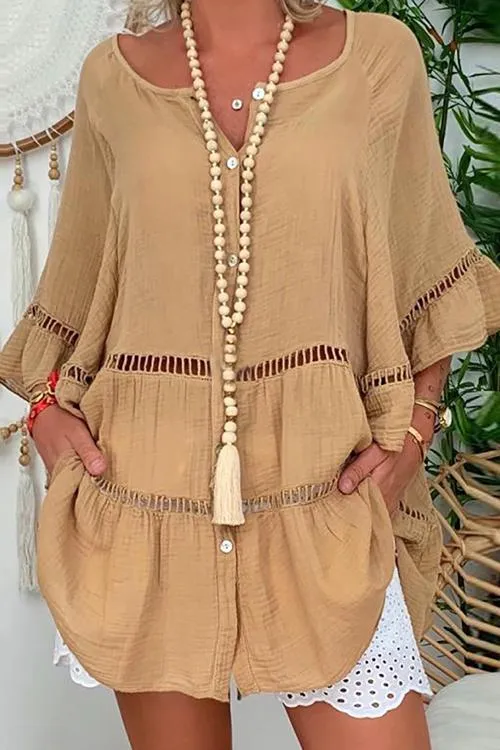 Button Hollow Flares Sleeve Blouse