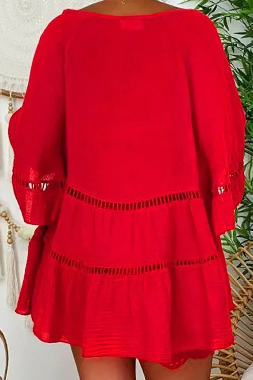 Button Hollow Flares Sleeve Blouse