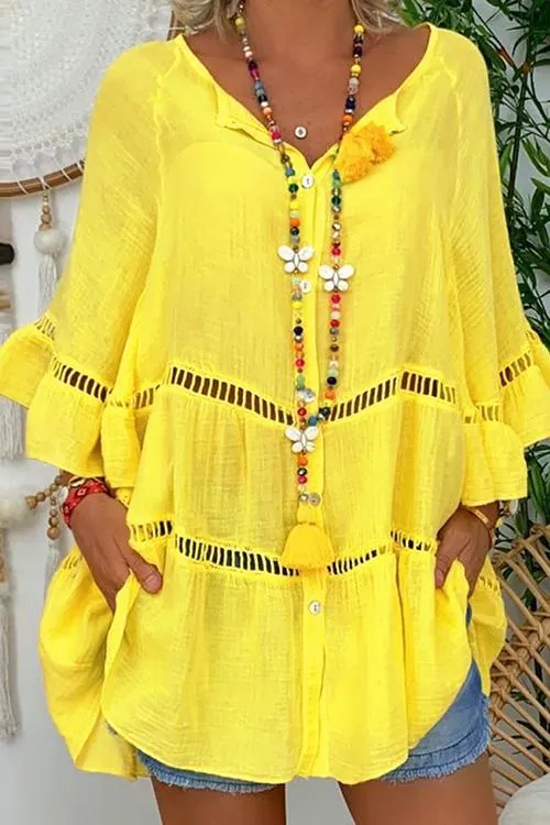 Button Hollow Flares Sleeve Blouse