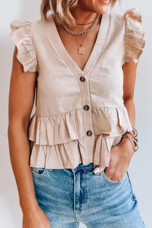 Button Ruffles V Neck Blouse