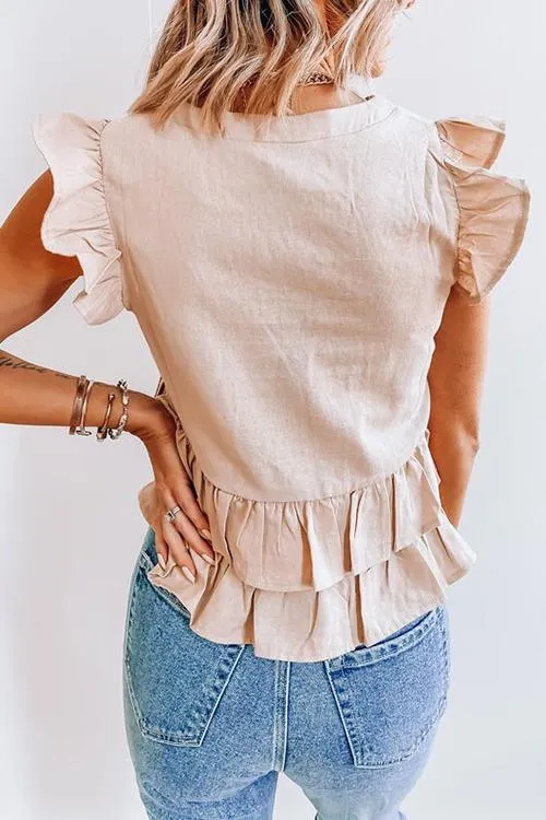 Button Ruffles V Neck Blouse