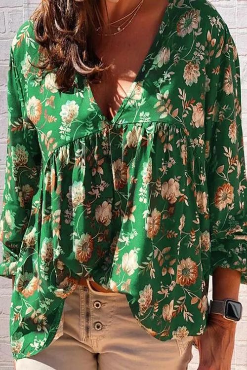 Floral Print V Neck Loose Blouse