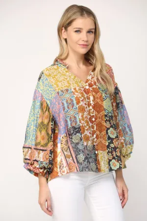 Patchwork Bubble Sleeve Blouse