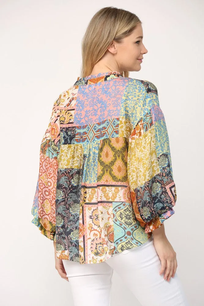 Patchwork Bubble Sleeve Blouse