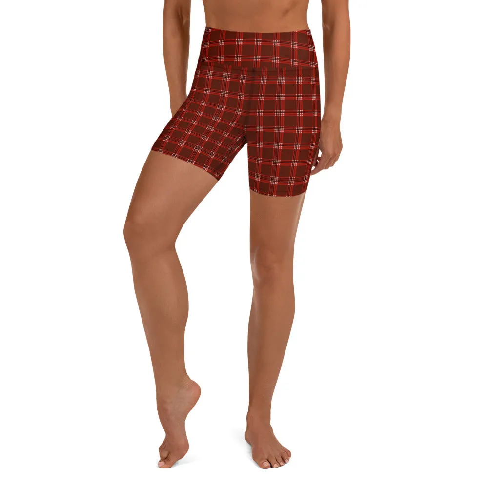 Red Plaid Print Yoga Shorts, Tartan Classic Traditional Women's Short Tights-Made in USA/EU