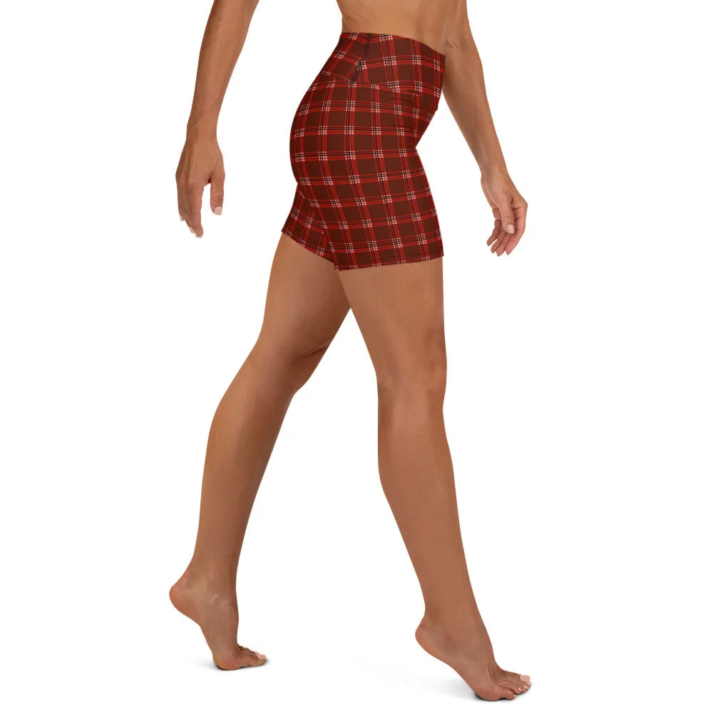 Red Plaid Print Yoga Shorts, Tartan Classic Traditional Women's Short Tights-Made in USA/EU