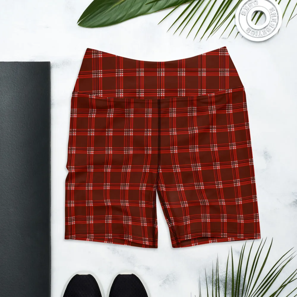 Red Plaid Print Yoga Shorts, Tartan Classic Traditional Women's Short Tights-Made in USA/EU