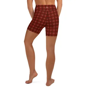 Red Plaid Print Yoga Shorts, Tartan Classic Traditional Women's Short Tights-Made in USA/EU
