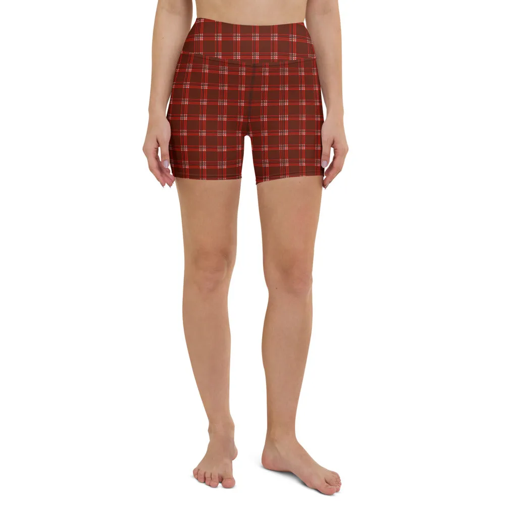 Red Plaid Print Yoga Shorts, Tartan Classic Traditional Women's Short Tights-Made in USA/EU