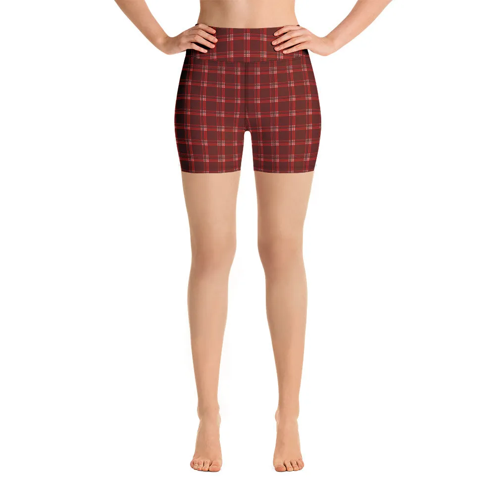 Red Plaid Print Yoga Shorts, Tartan Classic Traditional Women's Short Tights-Made in USA/EU