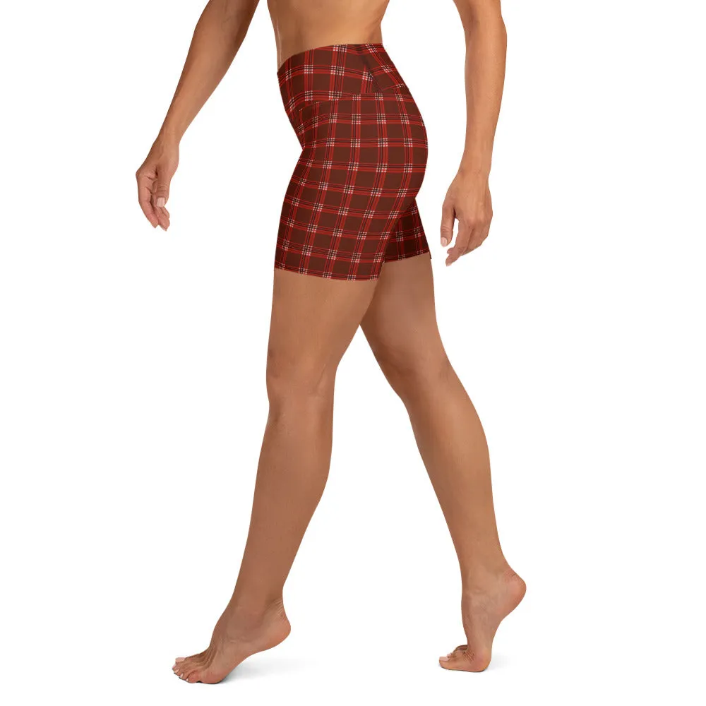 Red Plaid Print Yoga Shorts, Tartan Classic Traditional Women's Short Tights-Made in USA/EU