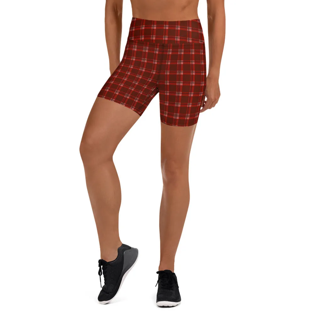Red Plaid Print Yoga Shorts, Tartan Classic Traditional Women's Short Tights-Made in USA/EU