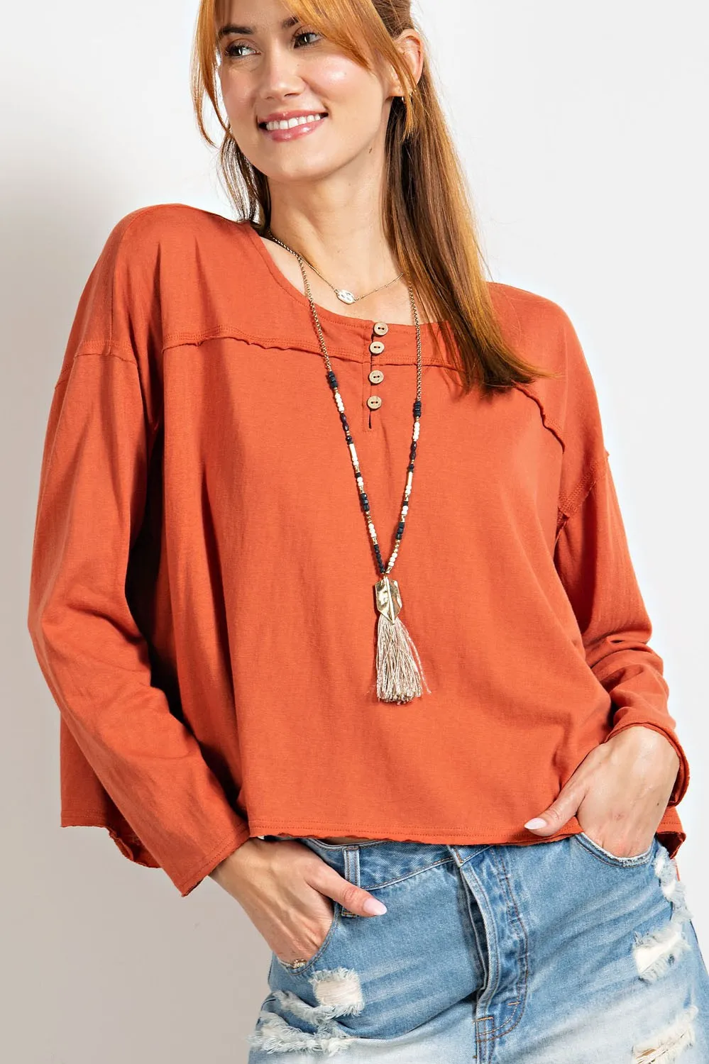 Rusty Loose Fit Henley Long Sleeve Top *FINAL SALE*