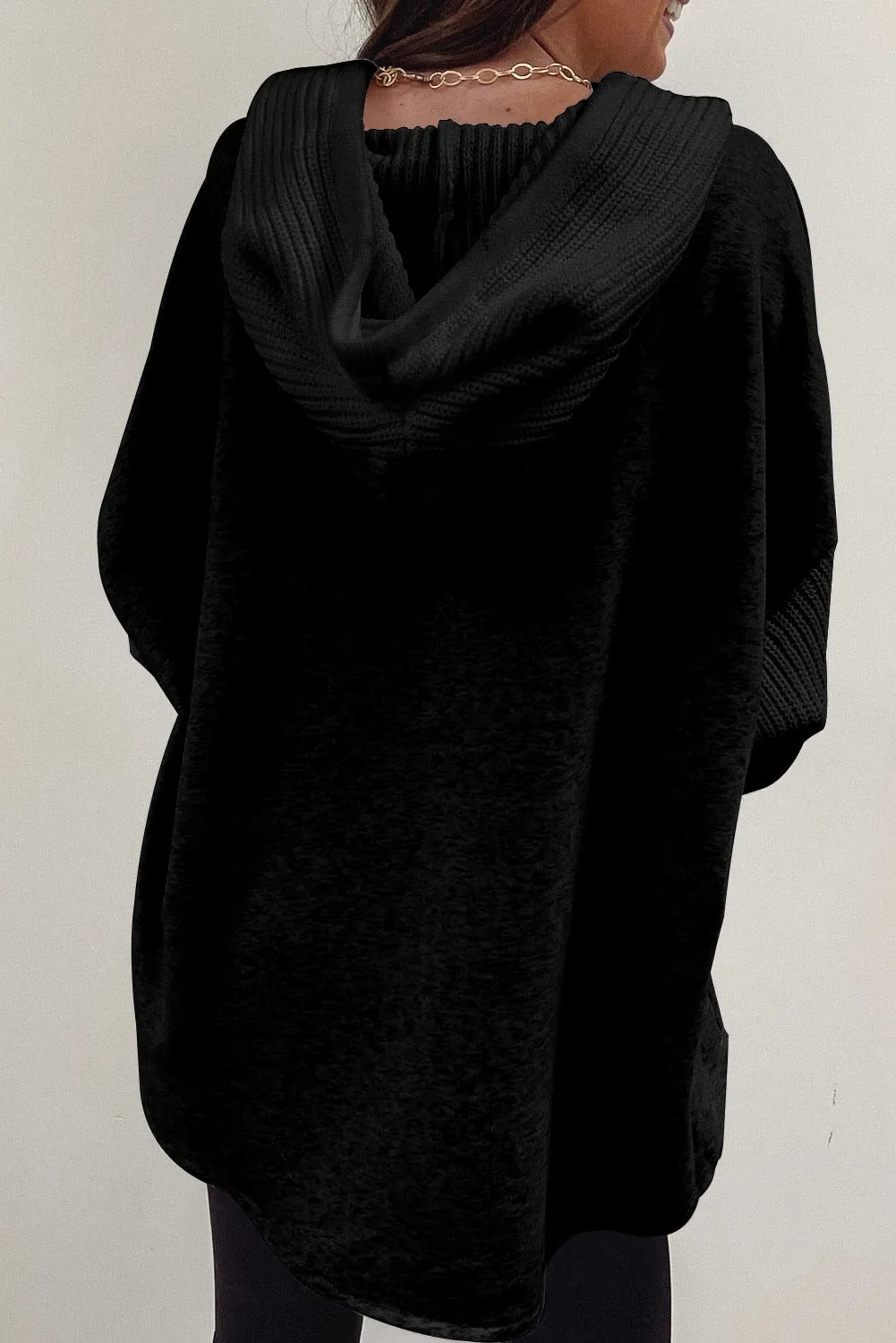 Women's Button Up Contrast Knitted Sleeves Hooded Jacket