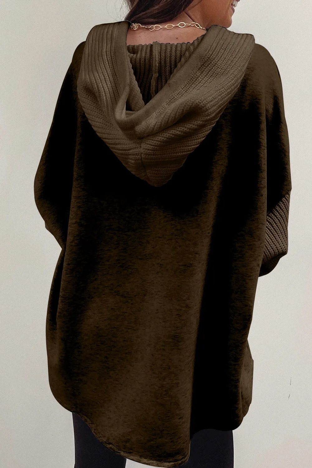 Women's Button Up Contrast Knitted Sleeves Hooded Jacket