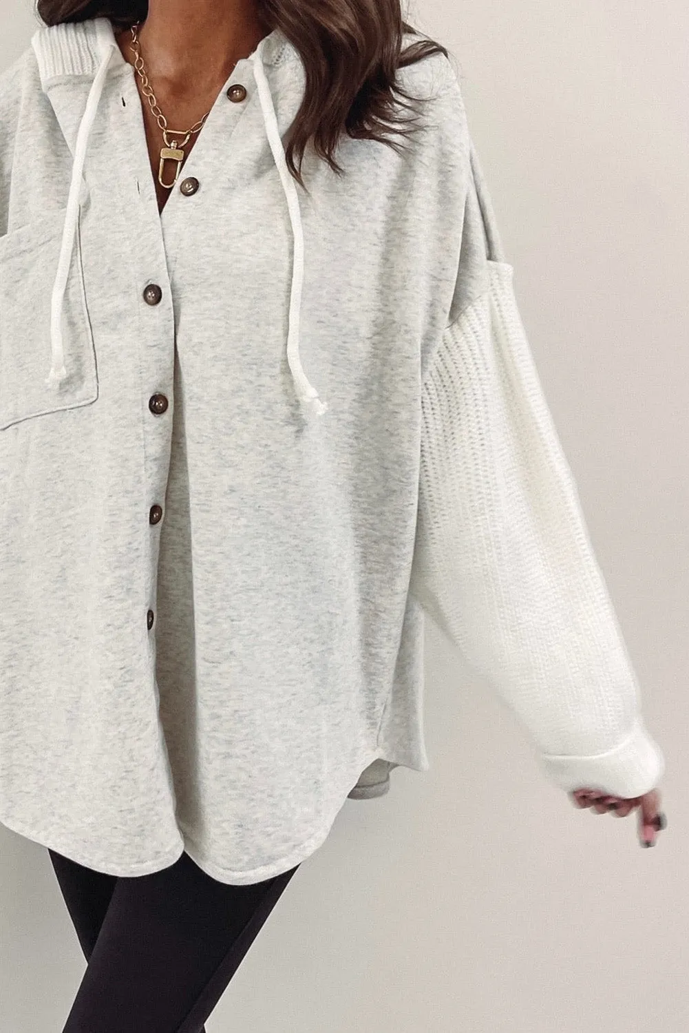 Women's Button Up Contrast Knitted Sleeves Hooded Jacket