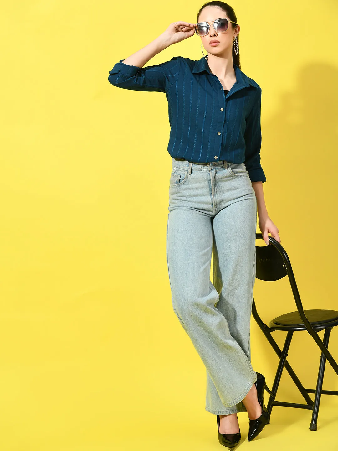 Women's Vertical Striped Blue Shirt