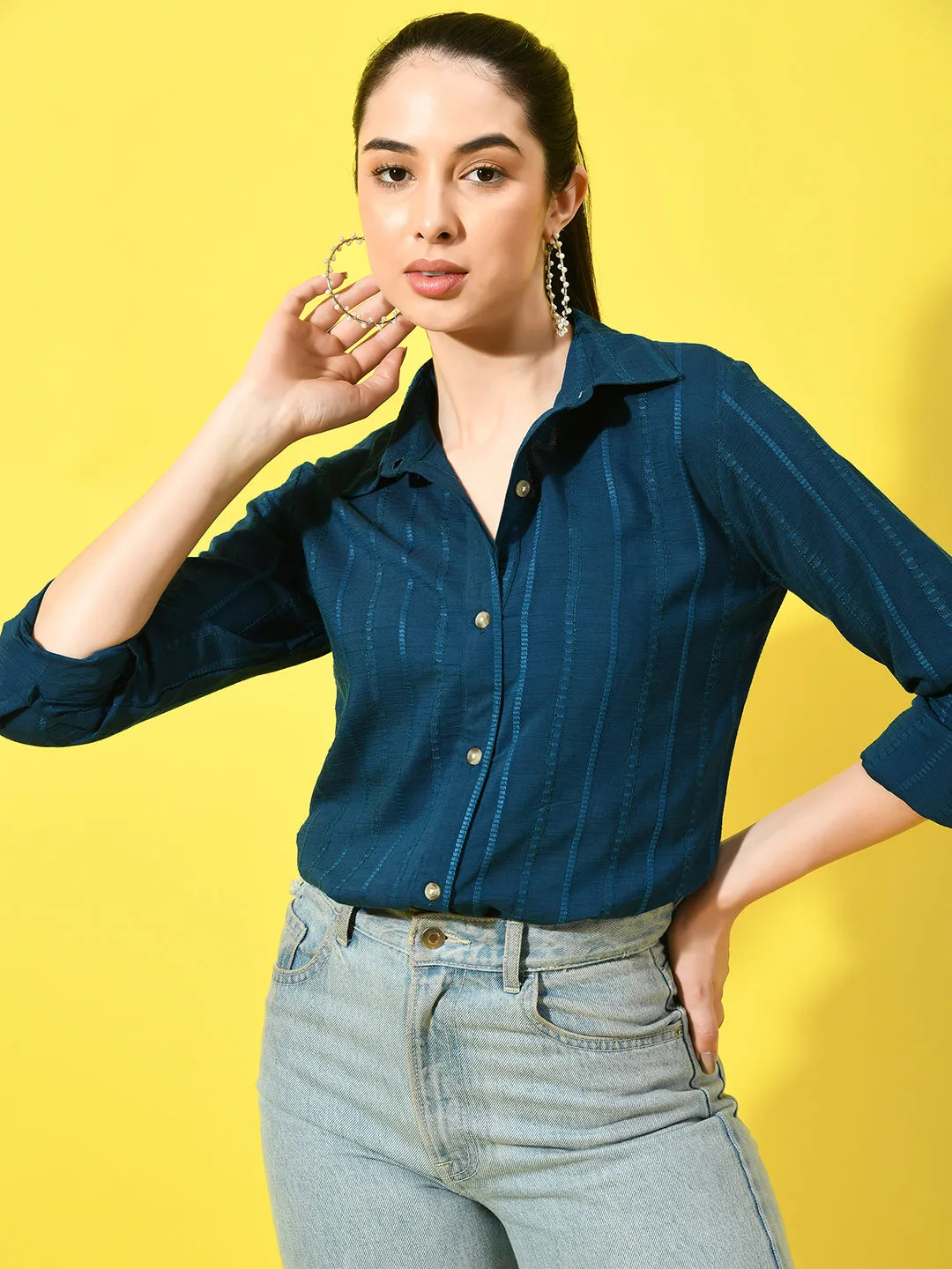 Women's Vertical Striped Blue Shirt
