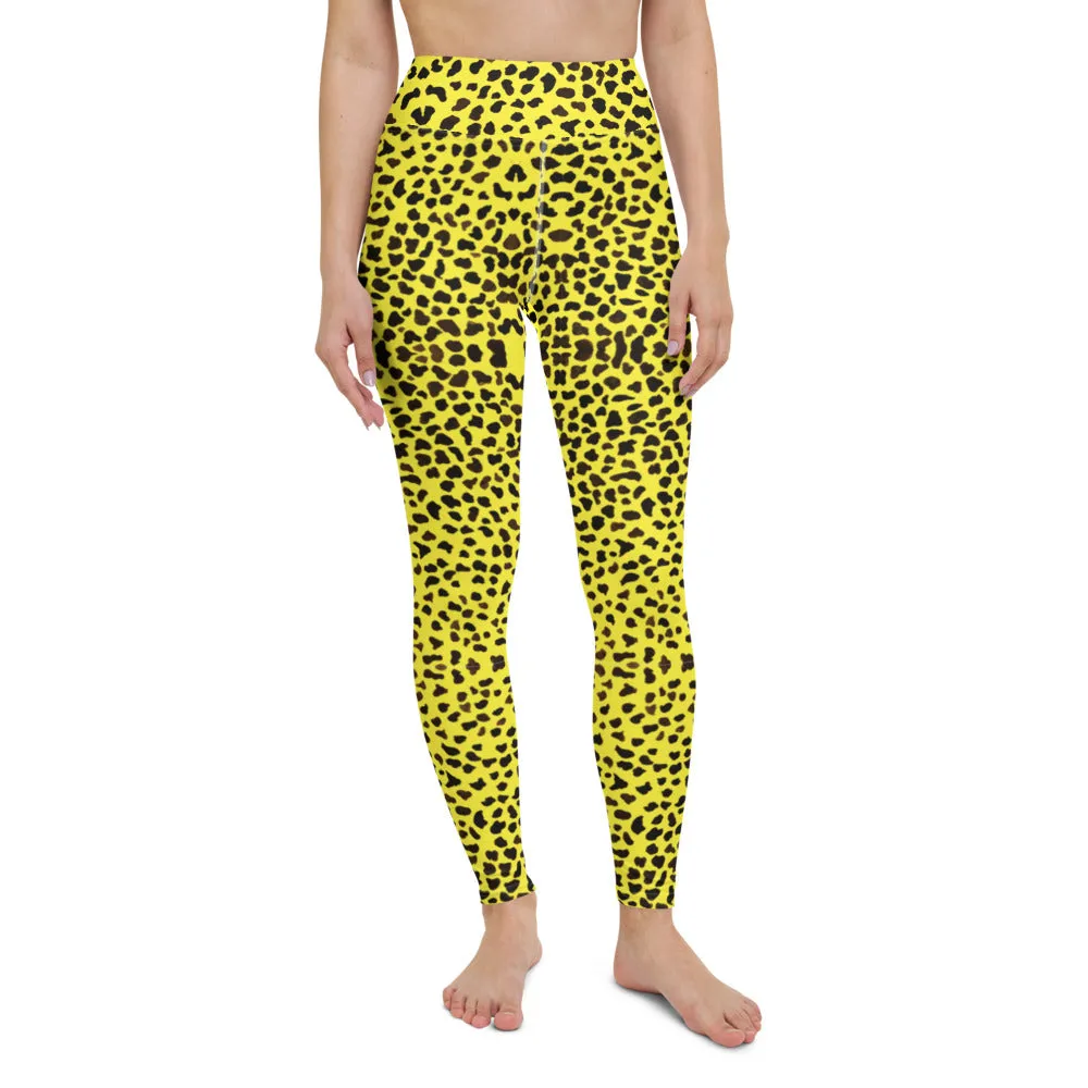 Yellow Cheetah Print Yoga Leggings, Premium Quality Animal Print Women's Long Tights-Made in USA/EU