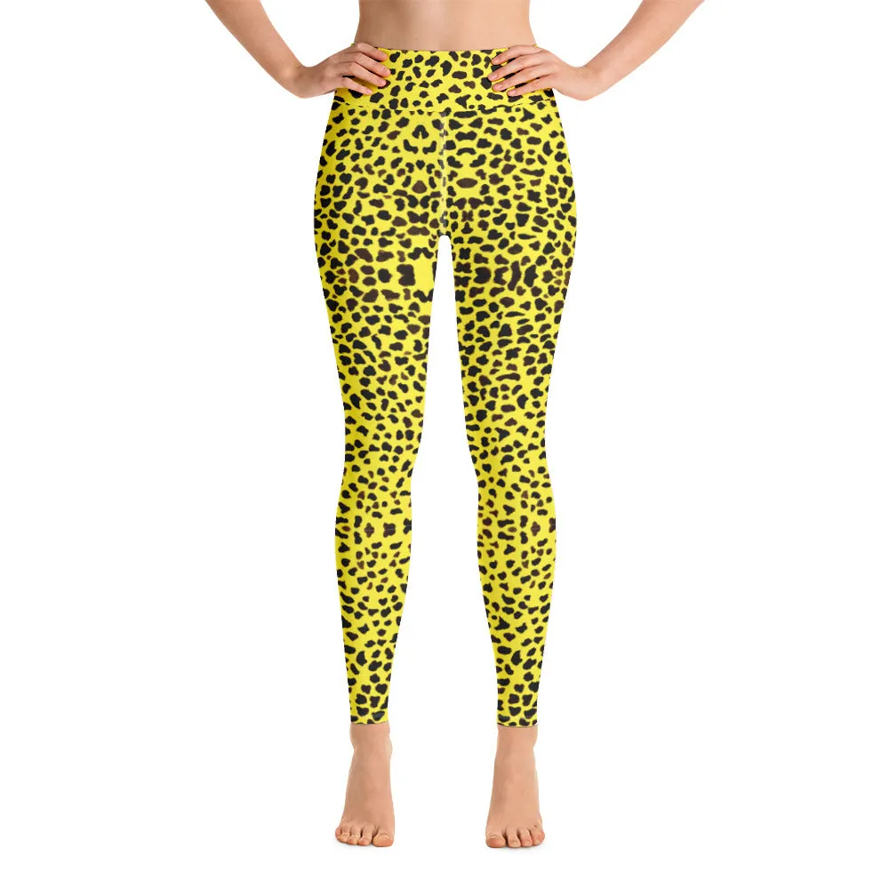 Yellow Cheetah Print Yoga Leggings, Premium Quality Animal Print Women's Long Tights-Made in USA/EU