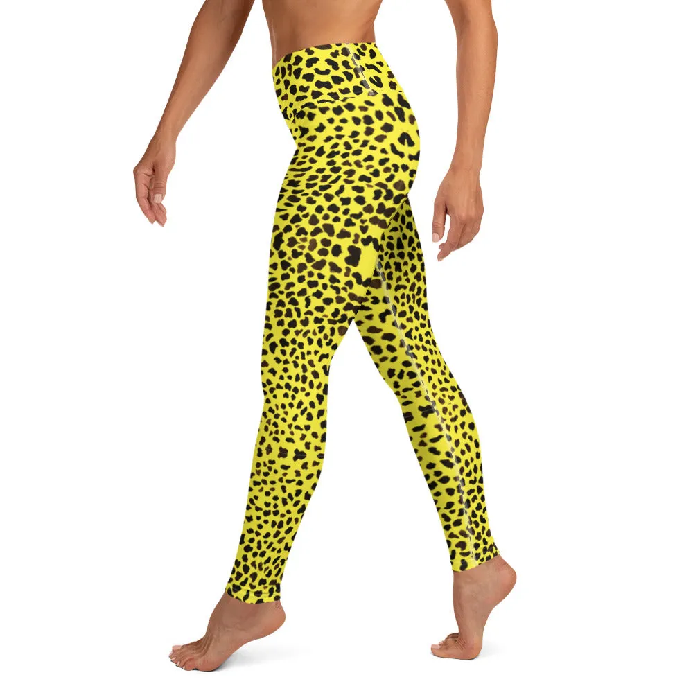 Yellow Cheetah Print Yoga Leggings, Premium Quality Animal Print Women's Long Tights-Made in USA/EU