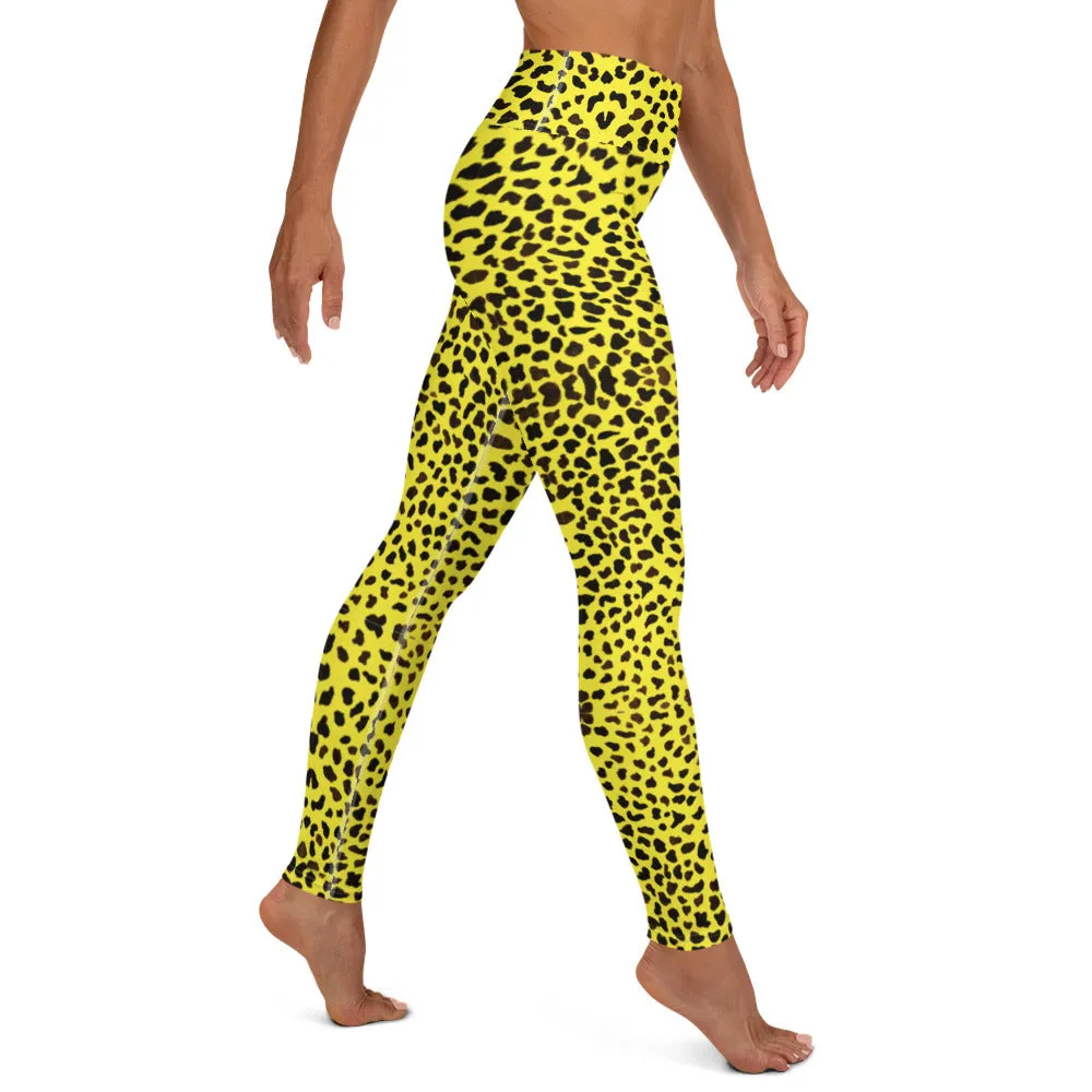 Yellow Cheetah Print Yoga Leggings, Premium Quality Animal Print Women's Long Tights-Made in USA/EU
