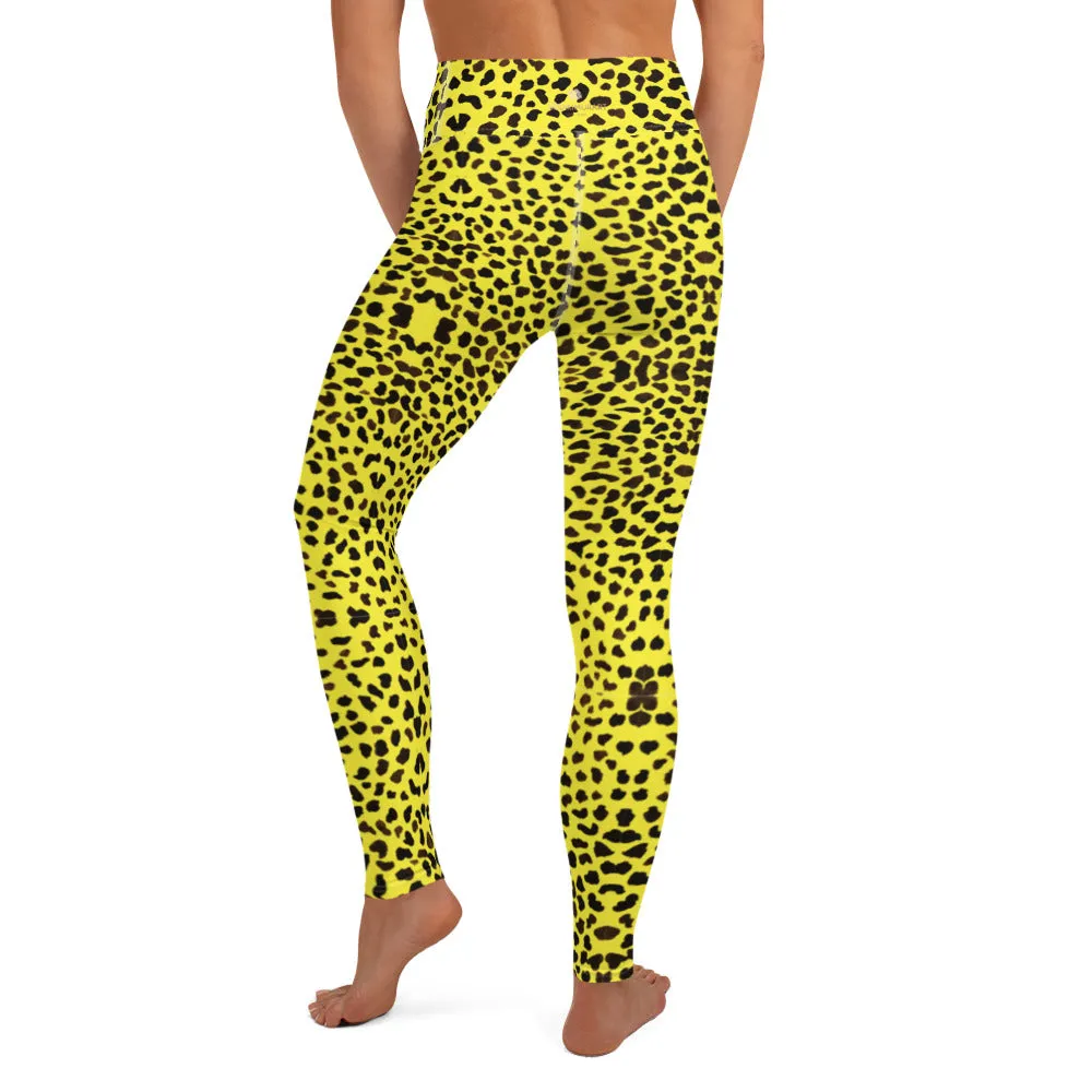 Yellow Cheetah Print Yoga Leggings, Premium Quality Animal Print Women's Long Tights-Made in USA/EU