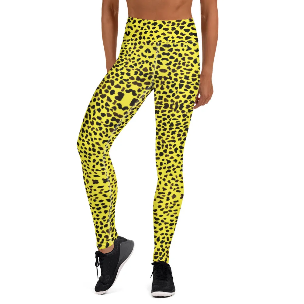 Yellow Cheetah Print Yoga Leggings, Premium Quality Animal Print Women's Long Tights-Made in USA/EU
