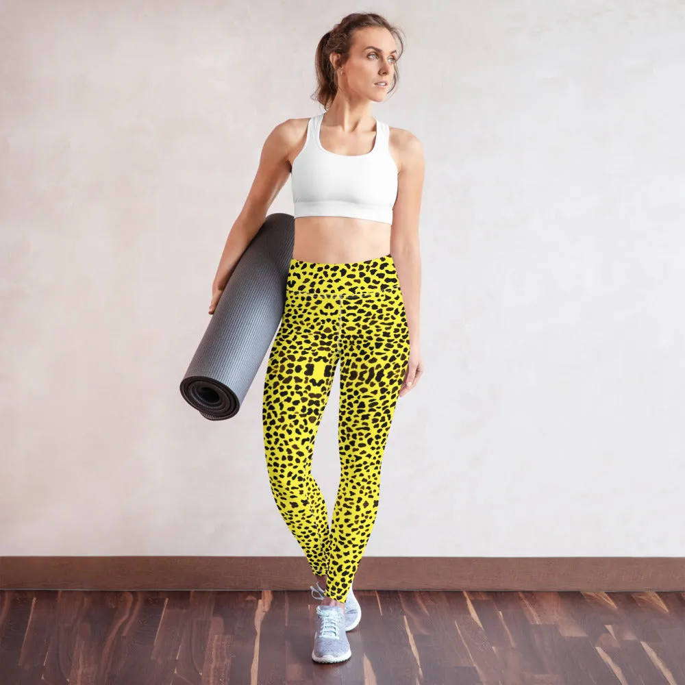 Yellow Cheetah Print Yoga Leggings, Premium Quality Animal Print Women's Long Tights-Made in USA/EU